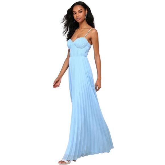 NWT Lulus Admirable Elegance Light Blue Pleated Bustier Maxi Dress Size Small - Picture 1 of 9
